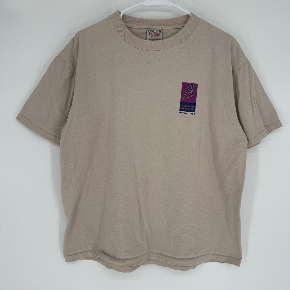 Vintage 90s 1996 Intuit Team Beta Tech Shirt Oneita Power Tan Single Stitch L